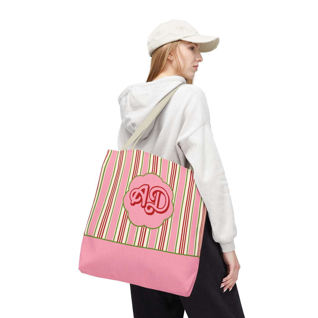 Customizable Striped Pink Tote Bag – Vintage Strawberry Stripe Monogram Tote Bag