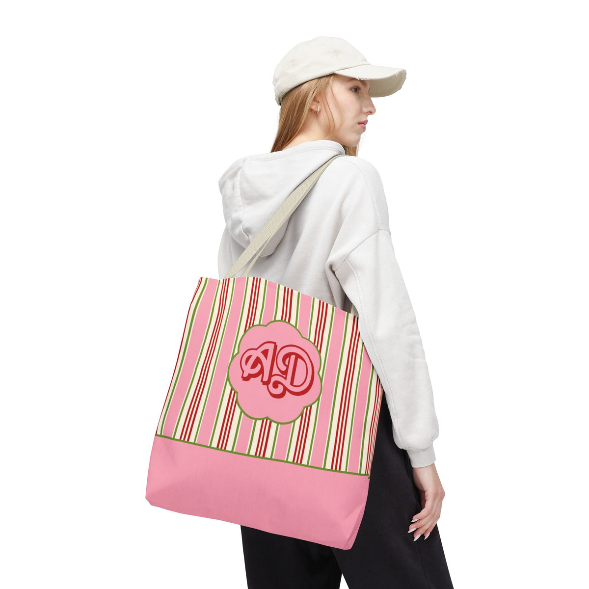 Customizable Striped Pink Tote Bag – Vintage Strawberry Stripe Monogram Tote Bag