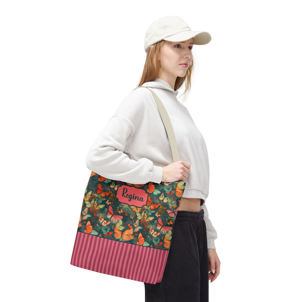 Personalizable Girly Handwriting Bag - Dreamy Butterfly Striped Tote