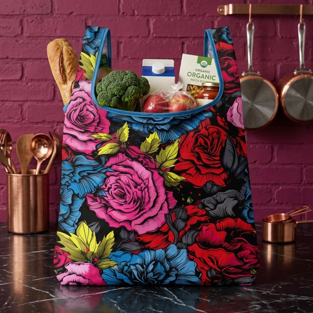 A reusable shopping bag with a bold floral print in pink, red, blue, and green on a black background, filled with groceries like broccoli, an apple, a loaf of bread, and a carton, set on a dark countertop against a magenta brick wall with hanging copper pots.