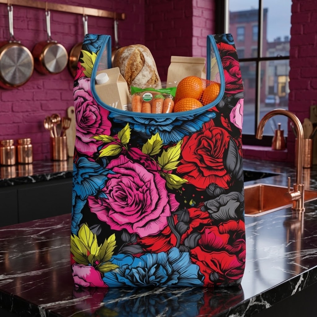 A reusable tote bag with a bold floral print in pink, red, blue, and green on a black background, filled with groceries like bread, oranges, and carrots, set on a kitchen counter.