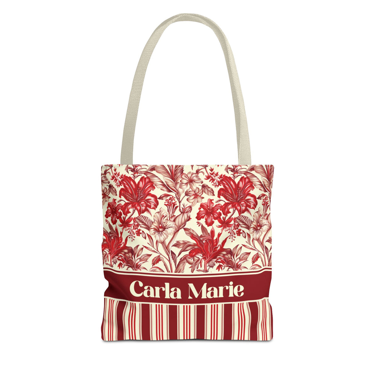 Personalizable Red Lily Tote Bag – Vintage Botanical Floral Striped Carryall