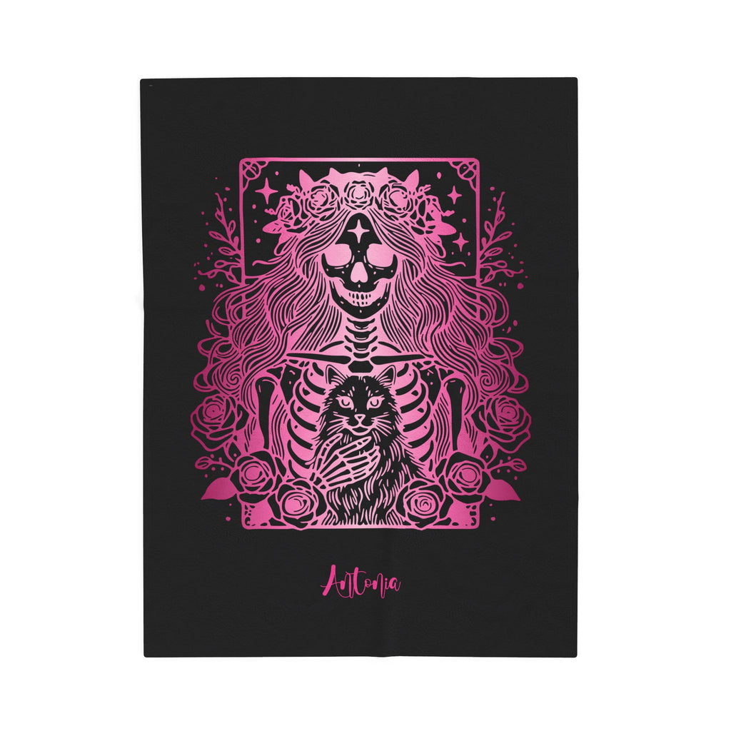 Skeleton Woman and Cat Personalized Velveteen Blanket - Pink Cat Mom Tarot Throw