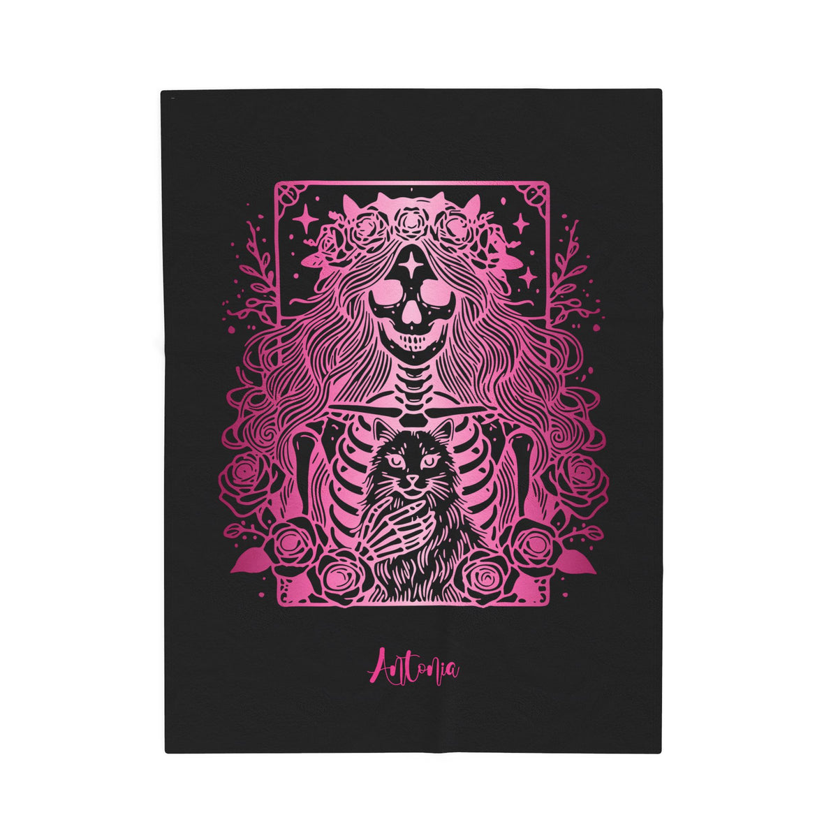 Skeleton Woman and Cat Personalized Velveteen Blanket - Pink Cat Mom Tarot Throw