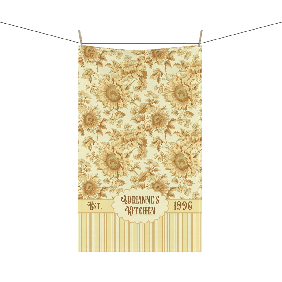 Personalized Sunflower Tea Towel - Striped Vintage Floral Name and Date Kitchen Towel