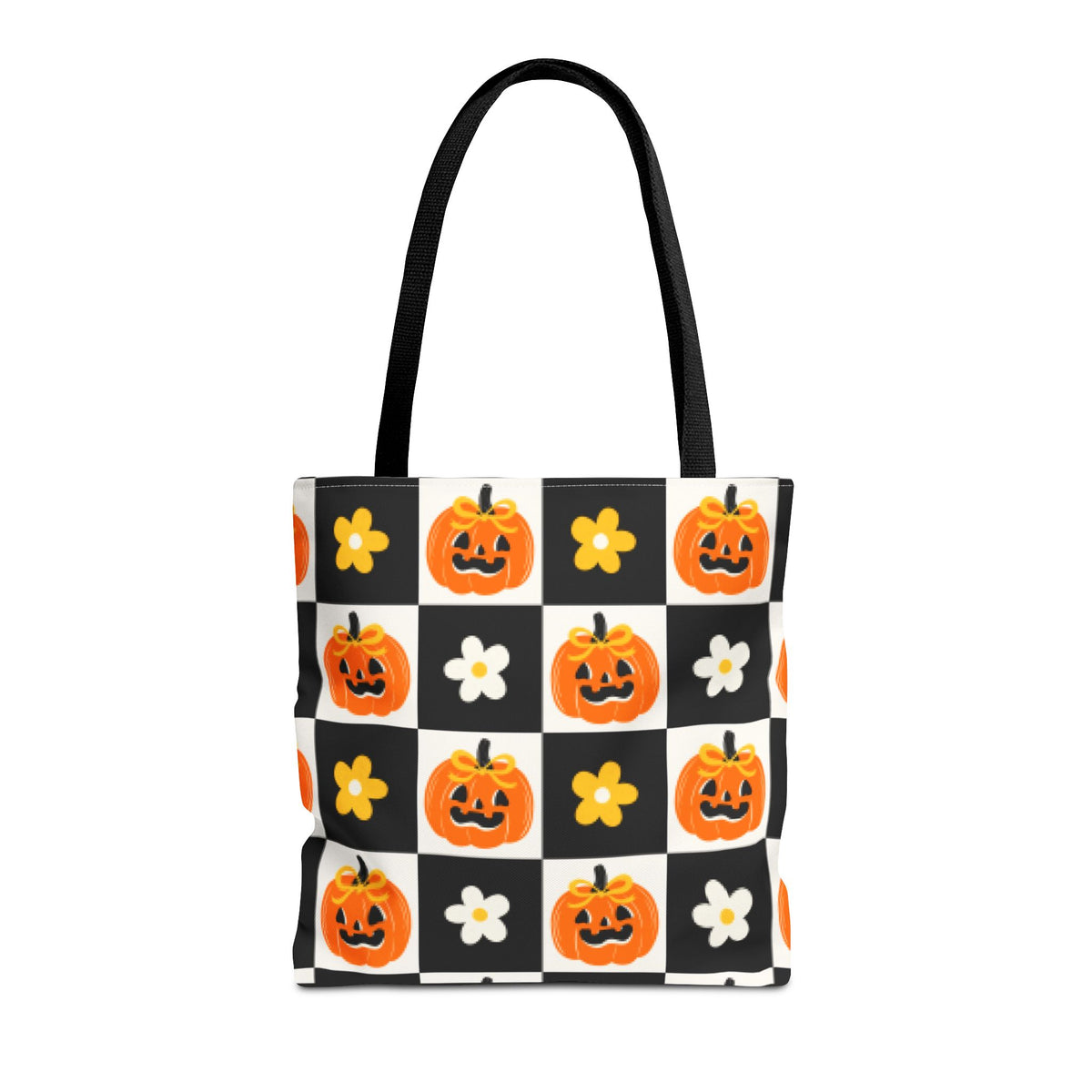 Coquette Pumpkin and Daisy Checkerboard Tote Bag - Cute Jack O Lantern Carryall