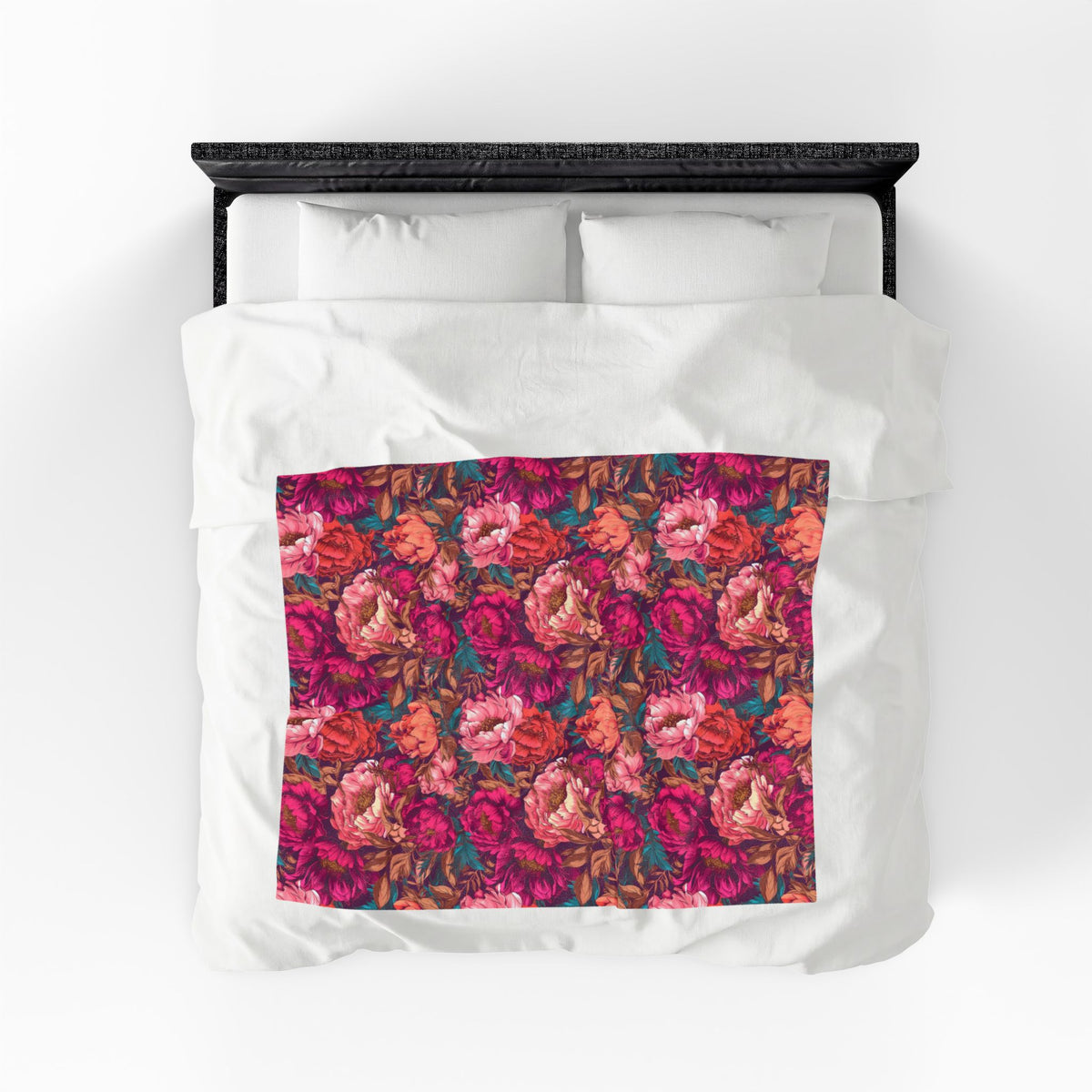 Vivid Magenta Peony Maximalist Velveteen Floral Plush Blanket