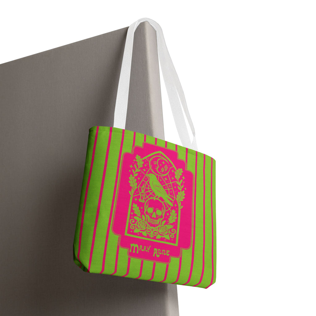 Neon Gothic Raven and Skull Tote Bag - Personalizable Pink and Green Retro Goth Carryall