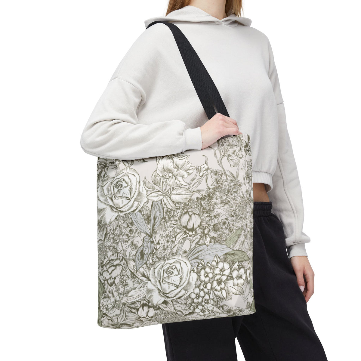 Rose Sketch Tote Bag — Grey Floral Carryall