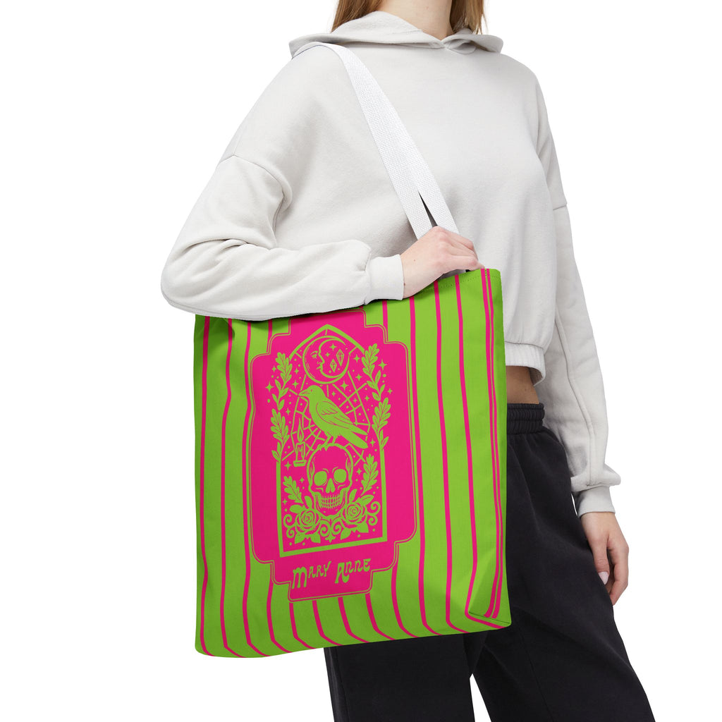 Neon Gothic Raven and Skull Tote Bag - Personalizable Pink and Green Retro Goth Carryall