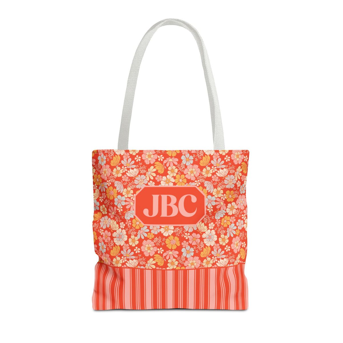 Personalizable Floral Striped Tote Bag - Orange Retro Blossom Tote