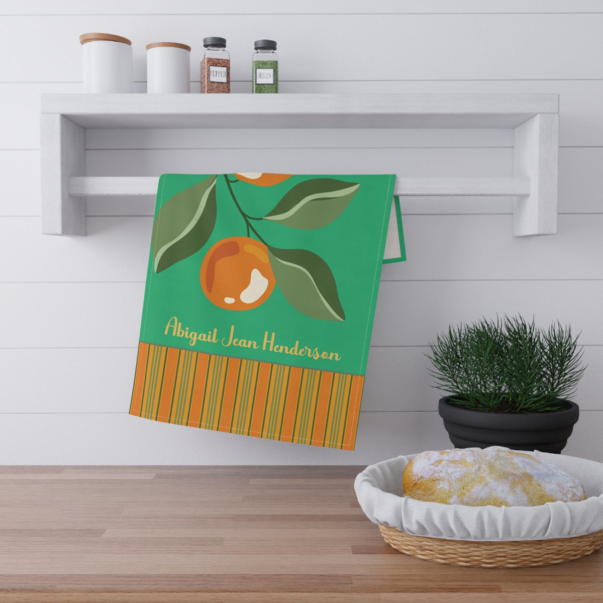 Personalizable Citrus Tea Towel — Name and Monogram Orange Striped Decorative Towel