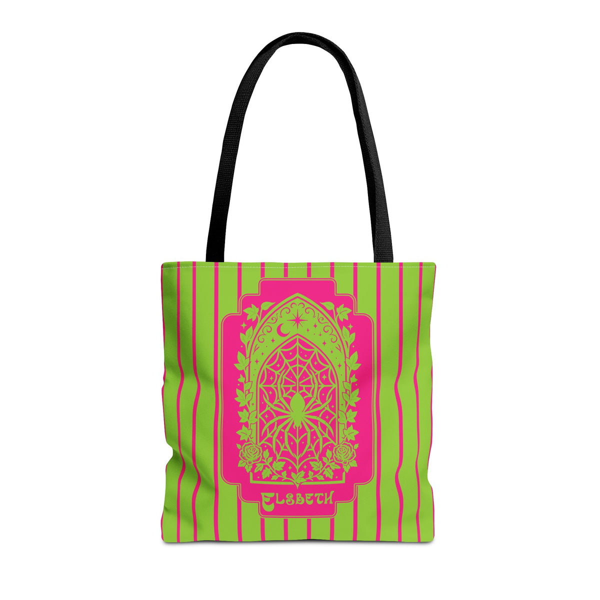 Personalized Green and Pink Retro Goth Tote with Mystic Spider Stained Glass Design
