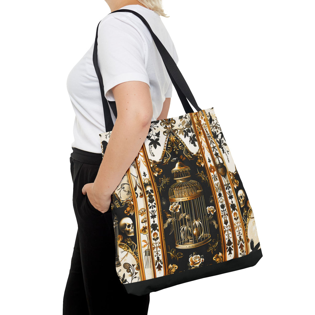 Vintage Gothic Birdcage Tote Bag - Victorian Skull and Floral Pattern Carryall
