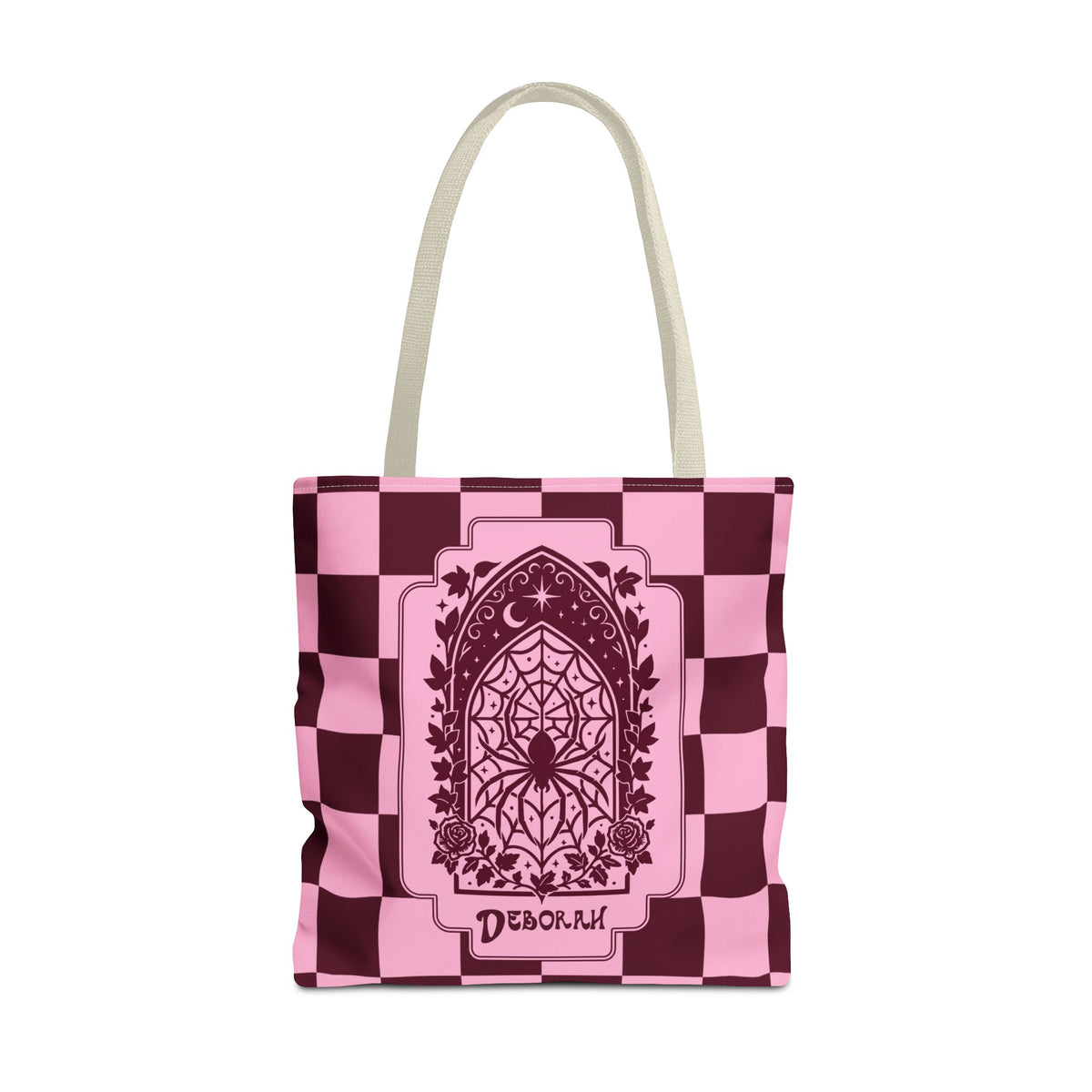Personalizable Pink and Burgundy Retro Goth Tote with Mystic Spider Stained Glass Design