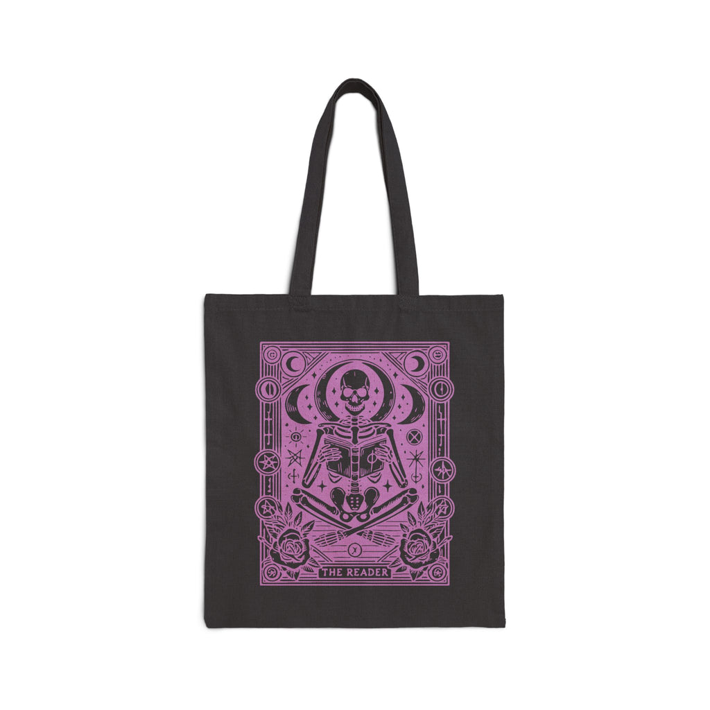 The Reader Skeleton Tarot Design in Purple Cotton Canvas Tote
