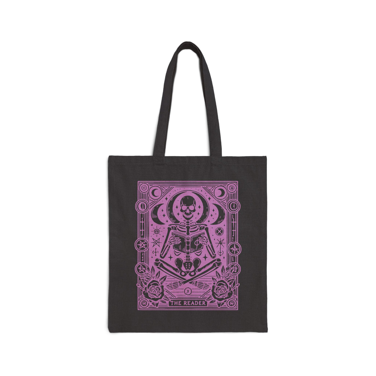 The Reader Skeleton Tarot Design in Purple Cotton Canvas Tote