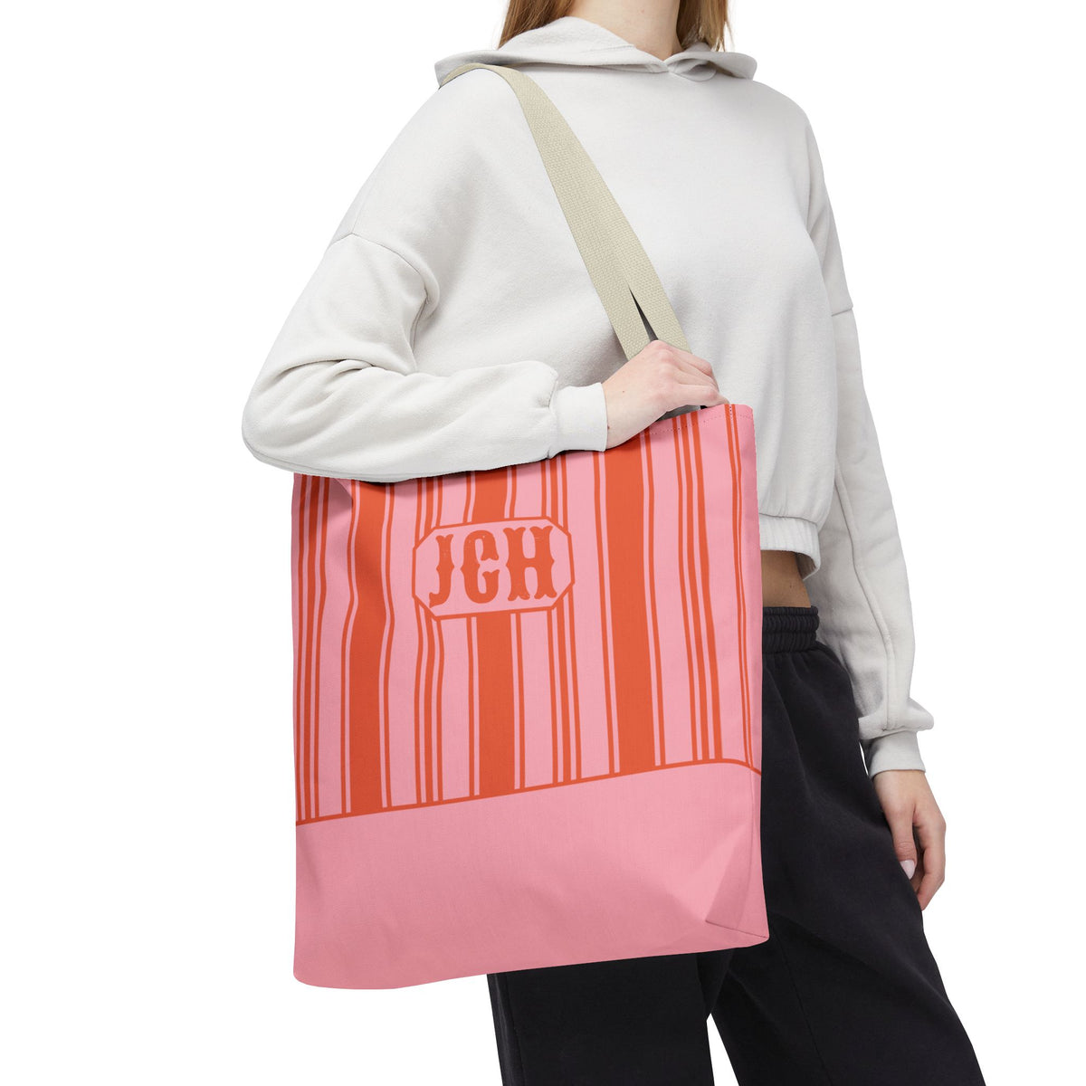 Striped Pink and Orange Tote Bag - Personalizable Bright Beach and Market Tote