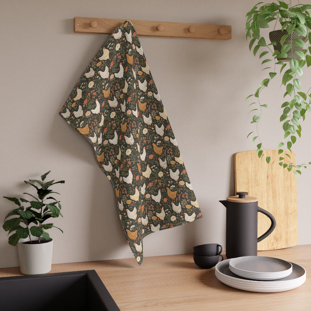 Farmhouse Chicken Pattern Tea Towel - Rustic Floral Hen Kitchen Towel