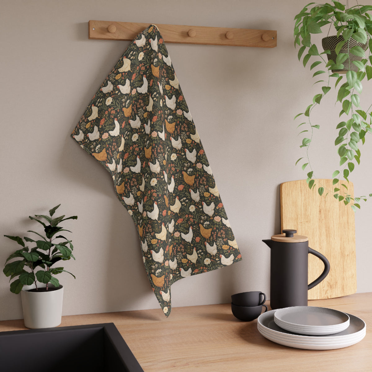 Farmhouse Chicken Pattern Tea Towel - Rustic Floral Hen Kitchen Towel