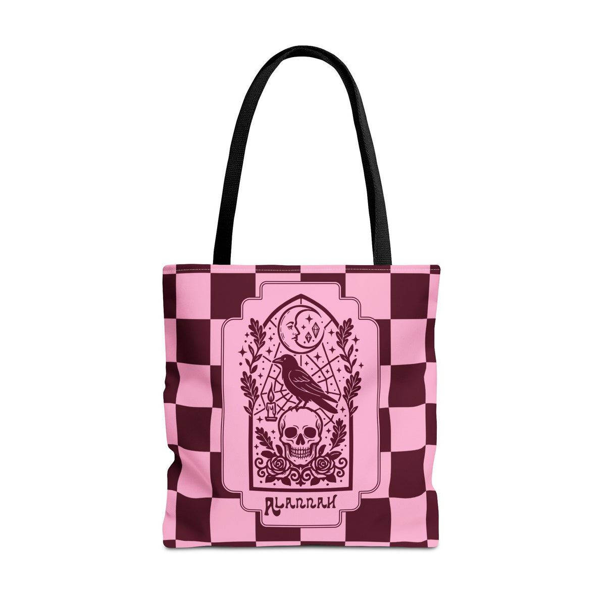 Gothic Raven and Skull Checkerboard Tote Bag - Personalizable Pink Retro Goth Carryall