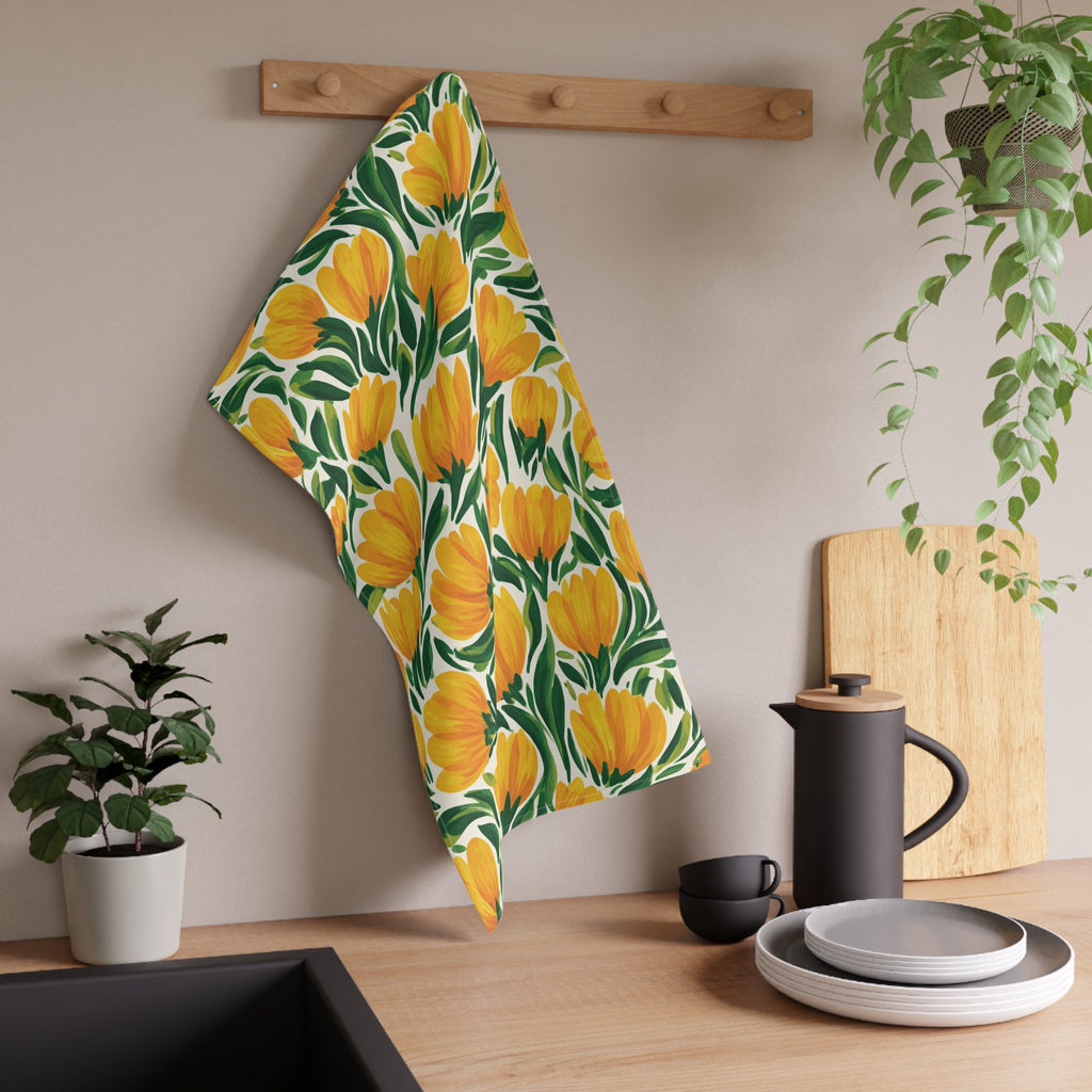 Floral Decorative Towel - Vivid Yellow Tulips Spring Tea Towel