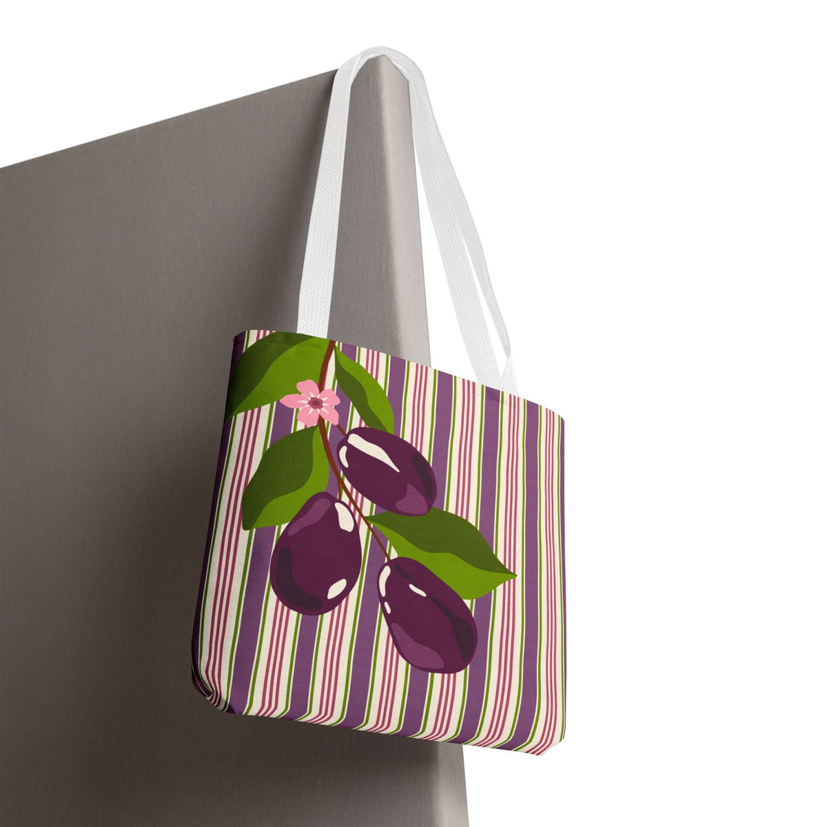 Plum Orchard Striped Tote Bag - Floral Plum Bouquet All-Over Print Tote