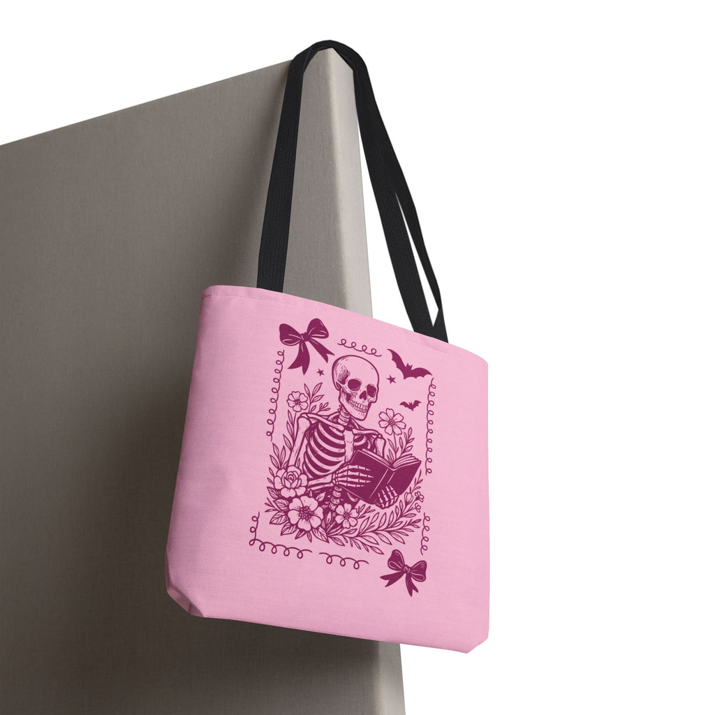 Floral Pink Reading Skeleton Tote Bag  - Cute Gothic Booklover Tote