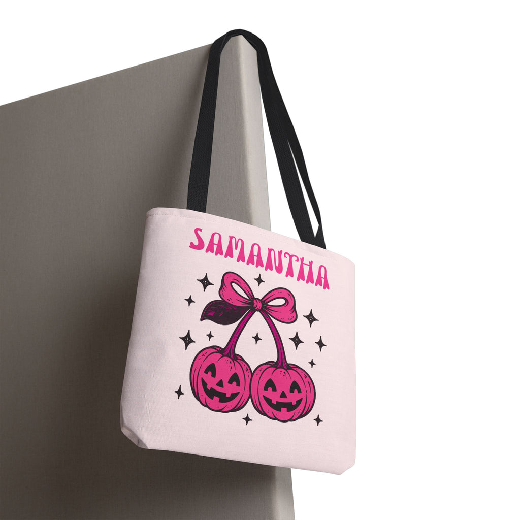 Personalized Halloween Tote - Pink Pumpkin Cherries "So Cute It's Spooky" Trick or Treat Bag