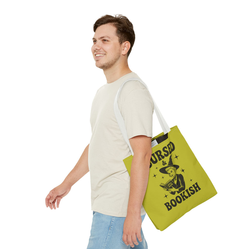 Cursed and Bookish Tote Bag — Green Witchy Reader Tote for Book Lovers
