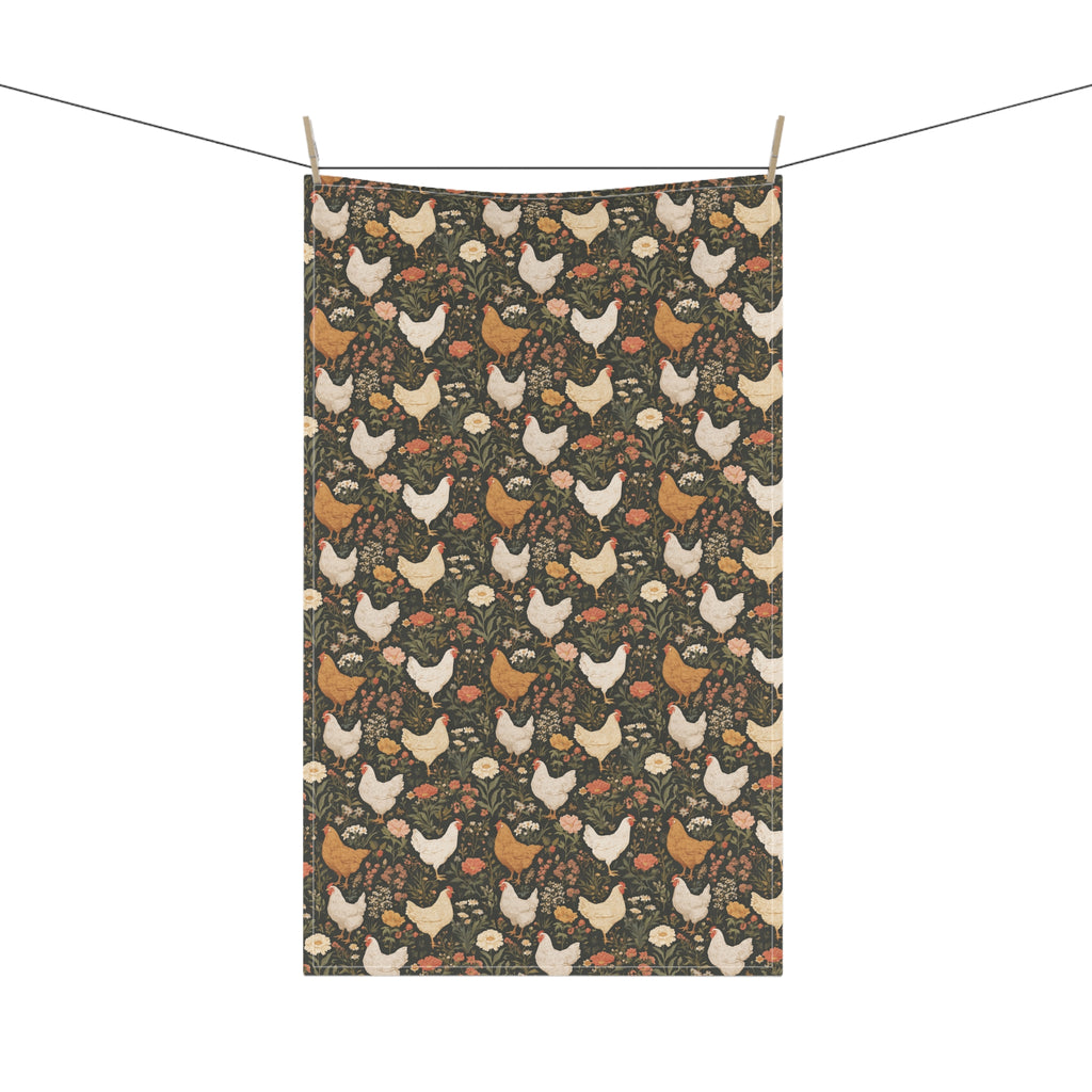 Farmhouse Chicken Pattern Tea Towel - Rustic Floral Hen Kitchen Towel