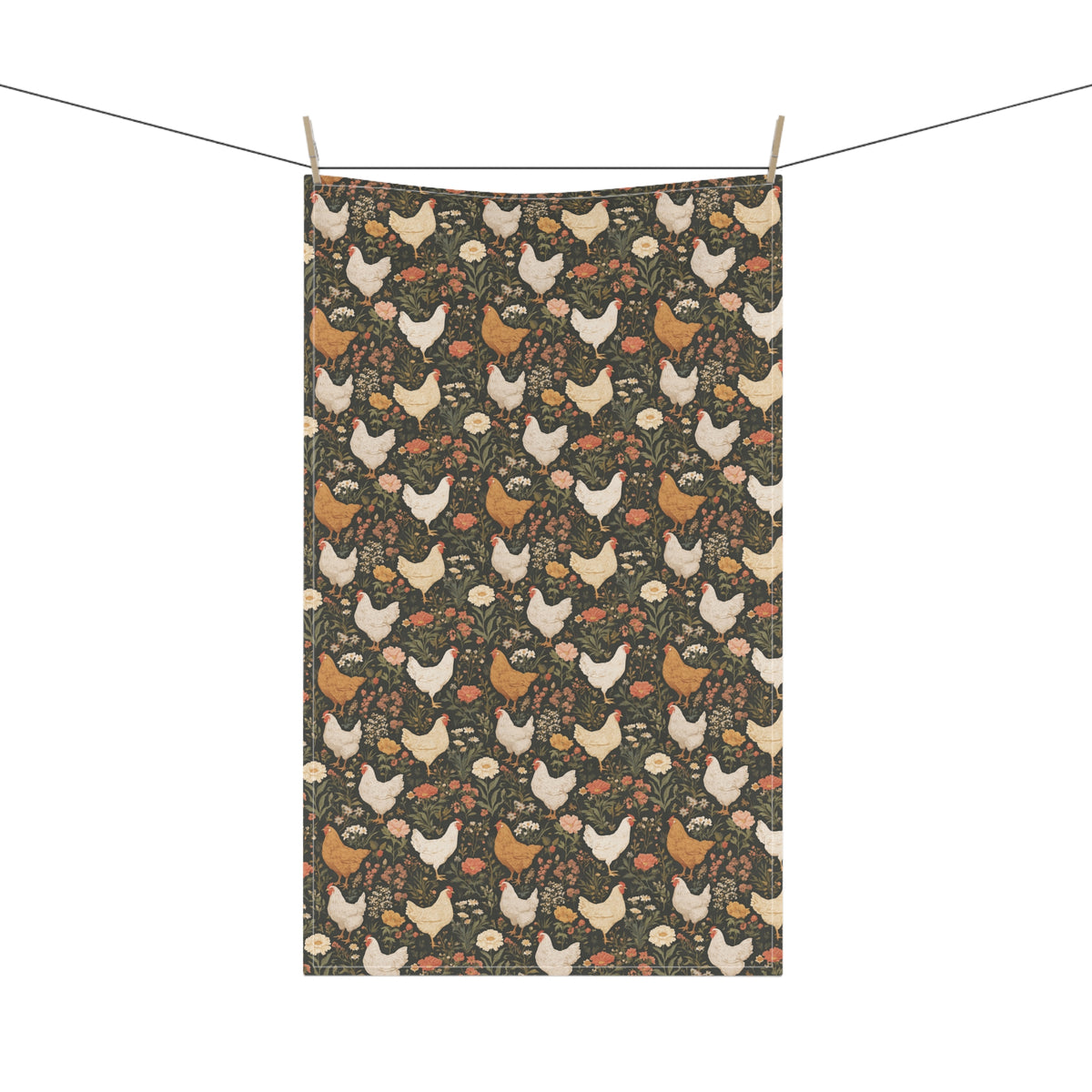 Farmhouse Chicken Pattern Tea Towel - Rustic Floral Hen Kitchen Towel