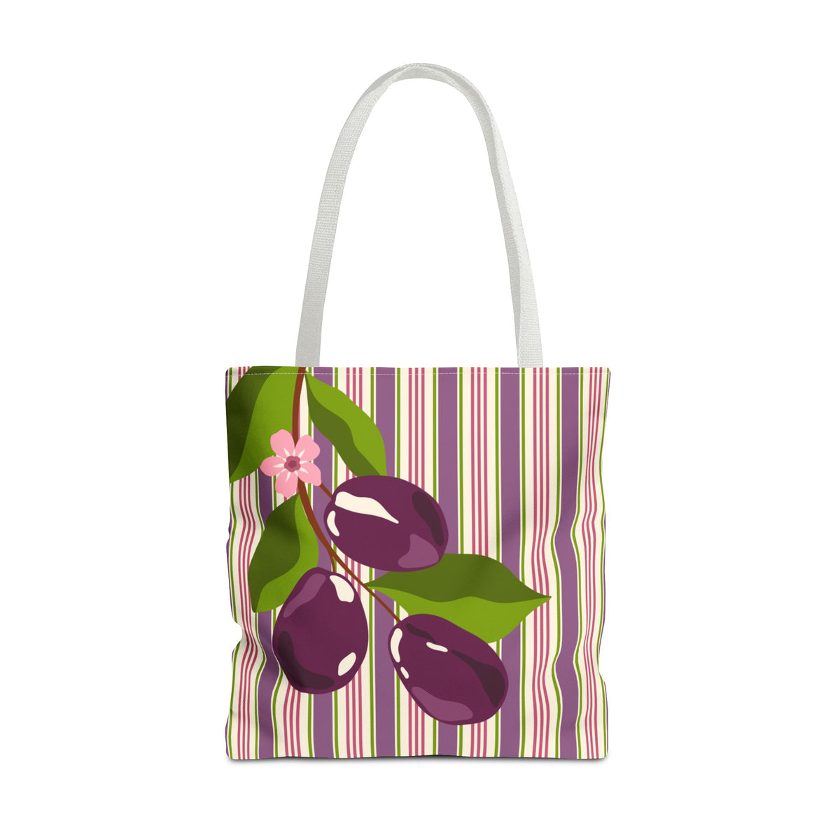 Plum Orchard Striped Tote Bag - Floral Plum Bouquet All-Over Print Tote