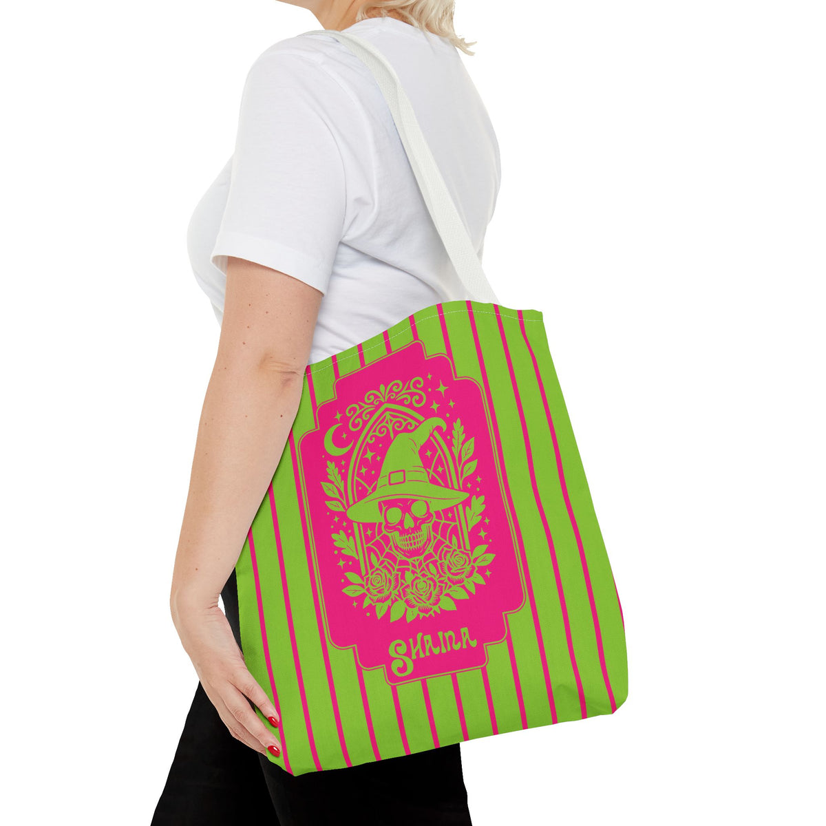 Retro Goth Skull Witch Tote Bag — Neon Pink and Lime Striped Tote