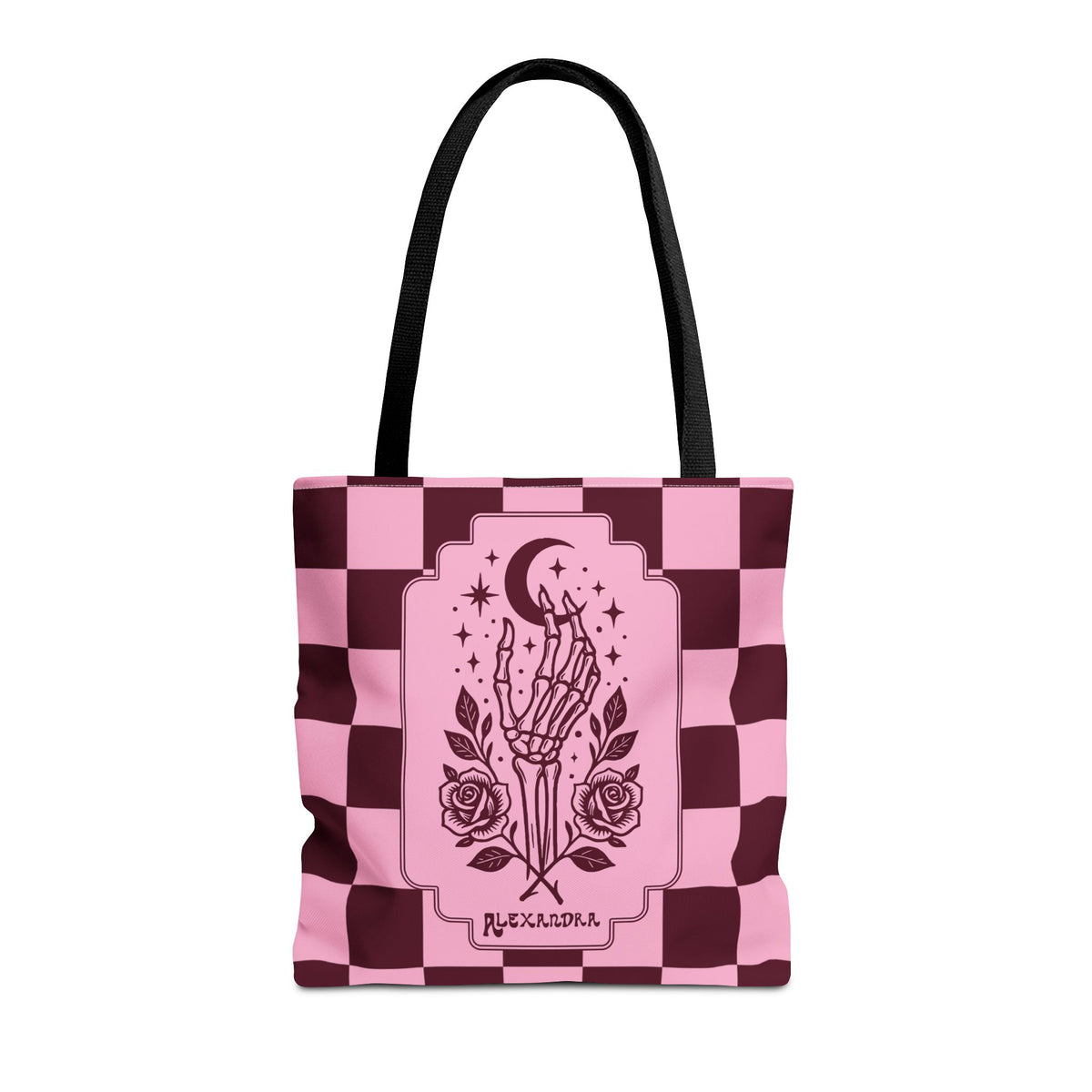 Personalizable Pink Checker Skeletal Hand Tote Bag — Gothic Moon and Roses Carryall