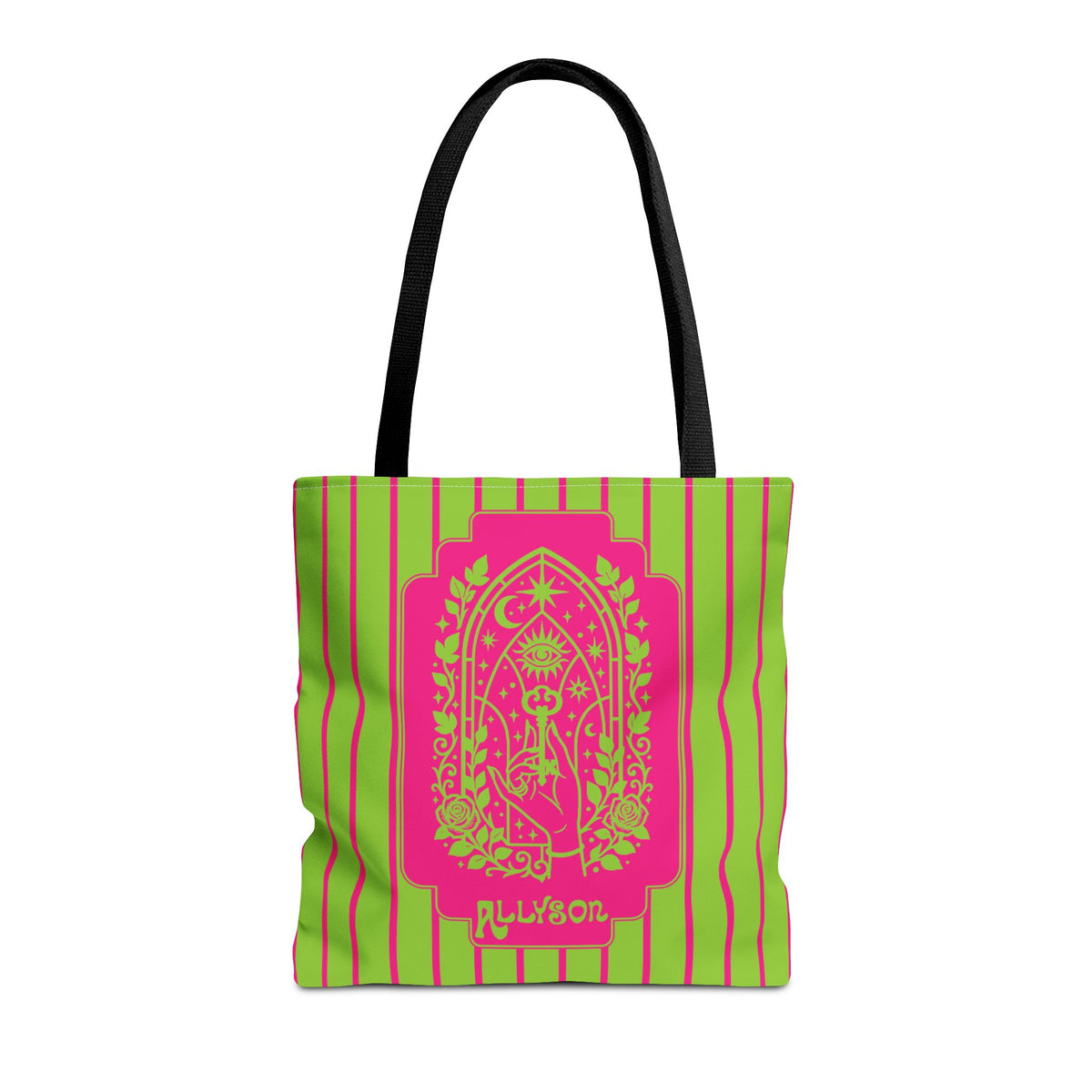 Personalizable Mystic Hand Neon Key Tote Bag -Retro Pink and Lime All-Over Print