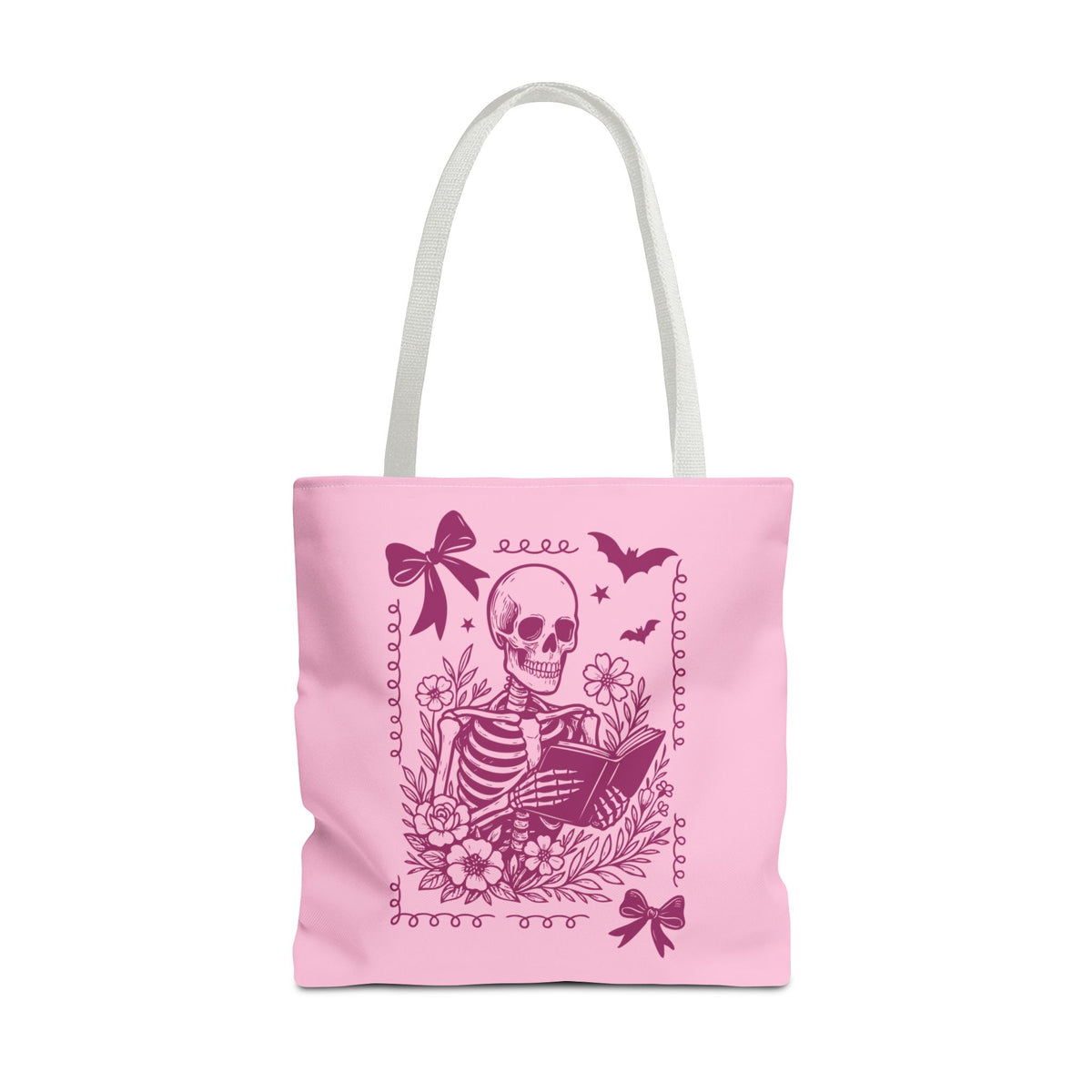 Floral Pink Reading Skeleton Tote Bag  - Cute Gothic Booklover Tote