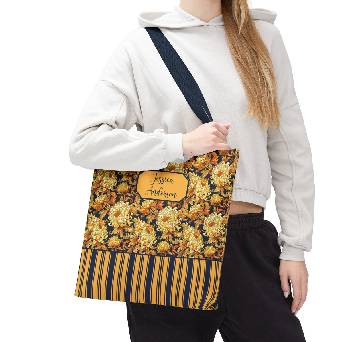 Personalizable Floral Harvest Tote Bag — Vintage Chrysanthemum Striped Tote