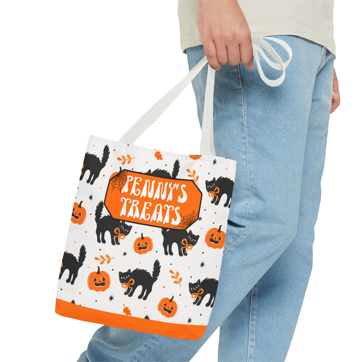 Cute Black Cats and Pumpkins Carryall -Personalized Halloween Trick or Treat Tote Bag
