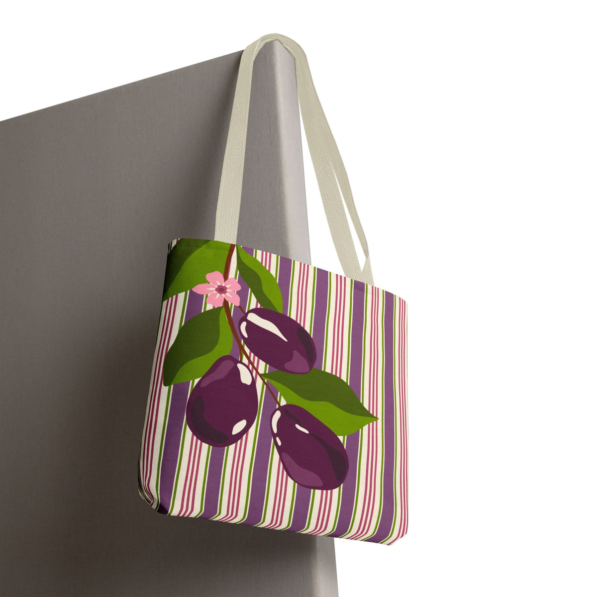 Plum Orchard Striped Tote Bag - Floral Plum Bouquet All-Over Print Tote