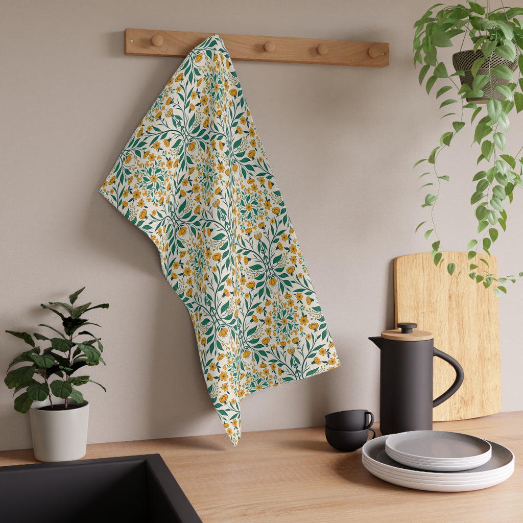 Elegant Art Nouveau Tea Towel - Yellow Floral Vine Kitchen Towel