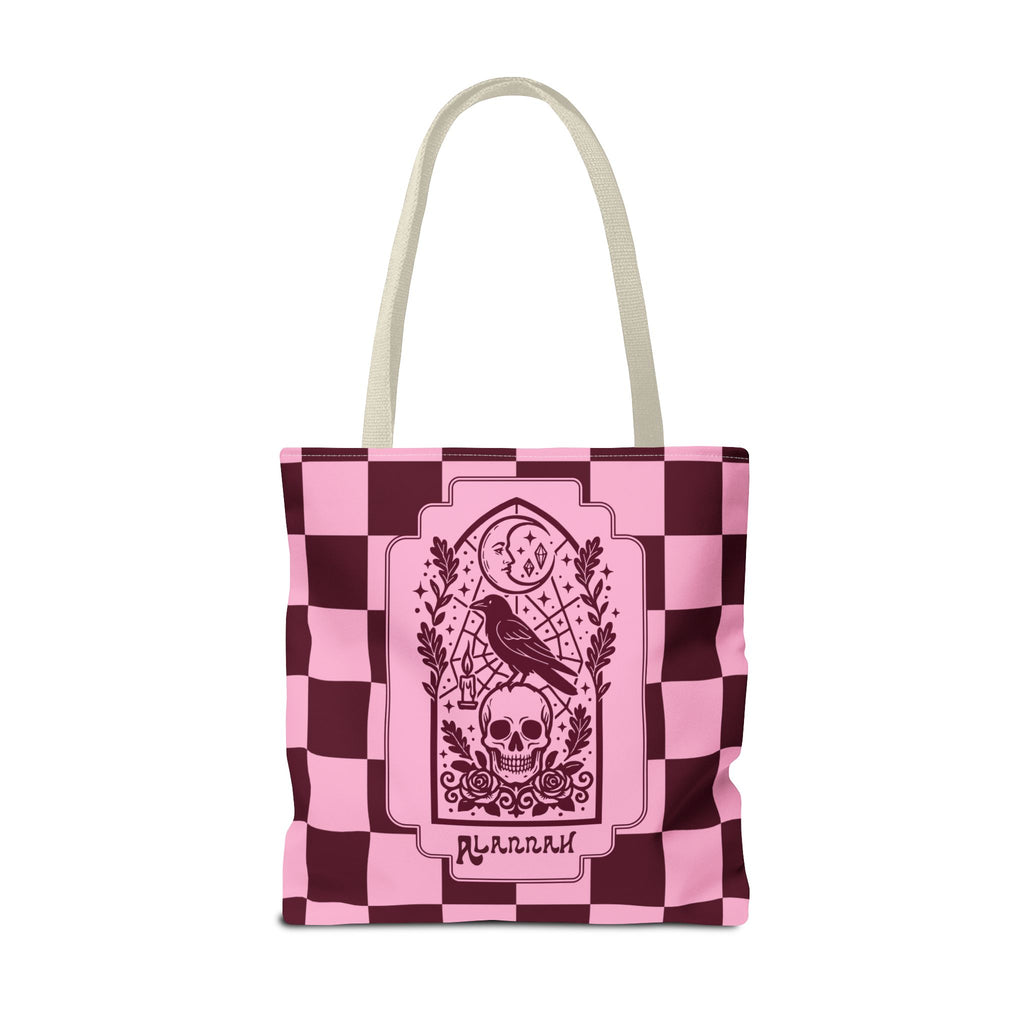 Gothic Raven and Skull Checkerboard Tote Bag - Personalizable Pink Retro Goth Carryall