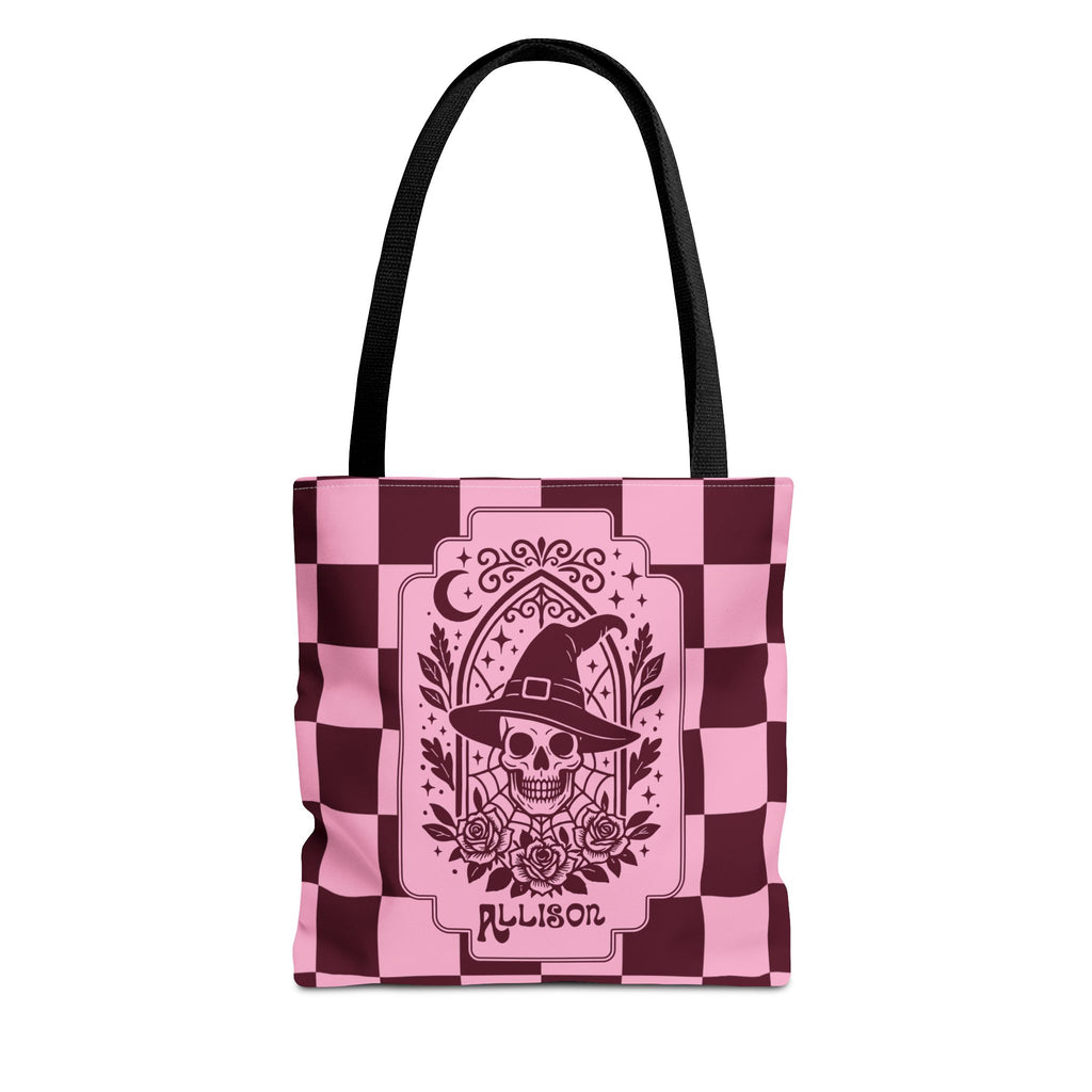 Pink Spooky Checkerboard Carryall - Gothic Witch Skull Personalizable Tote