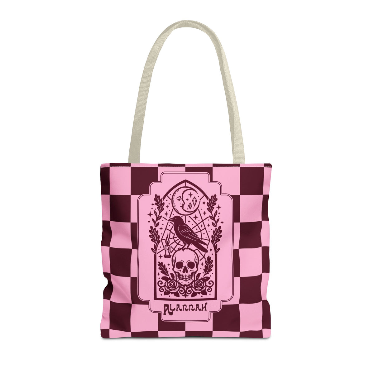 Gothic Raven and Skull Checkerboard Tote Bag - Personalizable Pink Retro Goth Carryall
