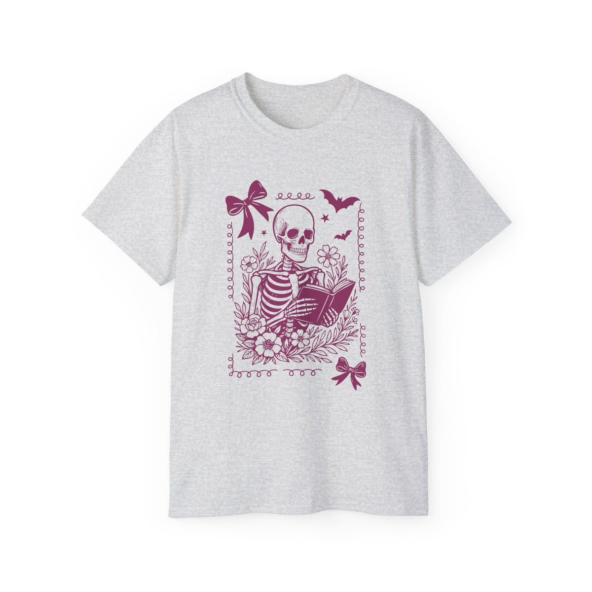Skeleton Reading Coquette Frame Tee – Floral Skull Book Lover T-Shirt