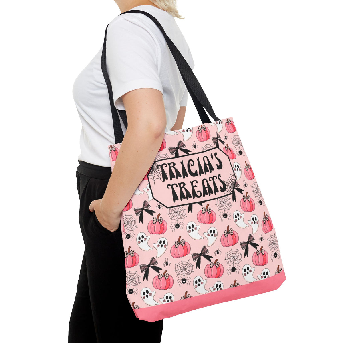 Pink Pumpkin Halloween Tote Bag - Cute Ghosts and Bows Personalizable Trick or Treat Bag