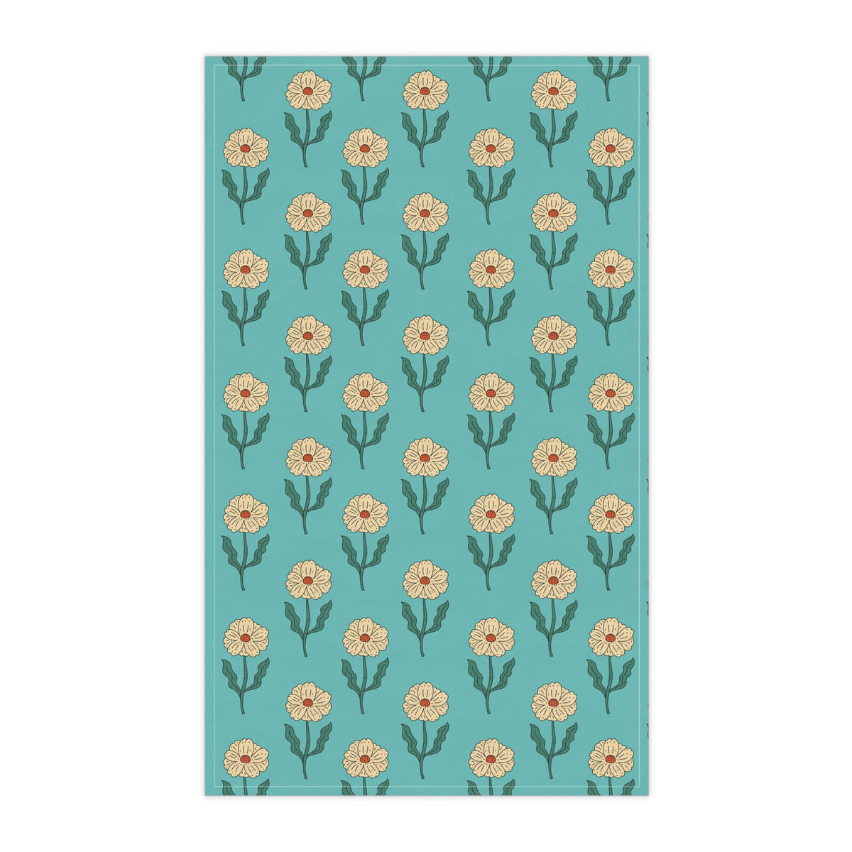 Retro Floral Tea Towel - Hand Drawn Daisies on Teal Kitchen Towel