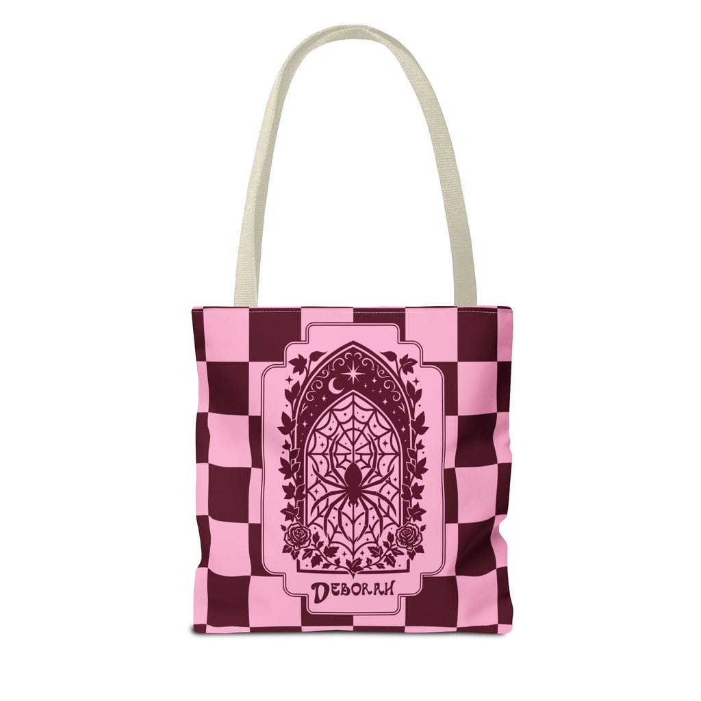 Personalizable Pink and Burgundy Retro Goth Tote with Mystic Spider Stained Glass Design