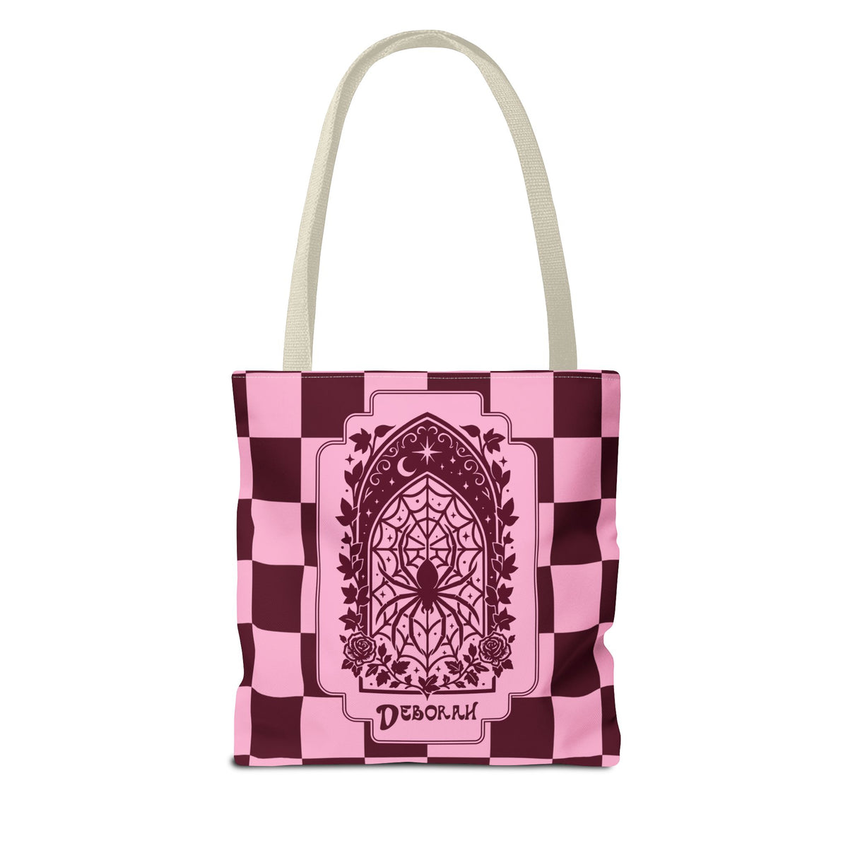 Personalizable Pink and Burgundy Retro Goth Tote with Mystic Spider Stained Glass Design