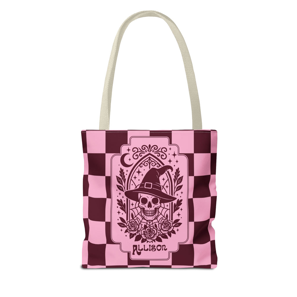 Pink Spooky Checkerboard Carryall - Gothic Witch Skull Personalizable Tote